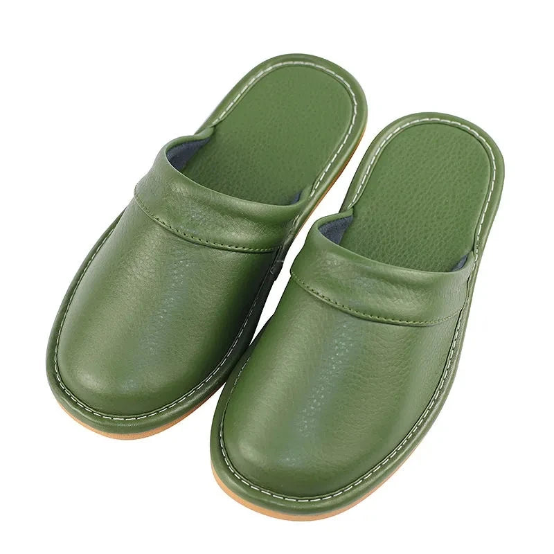 Lorilury Unisex PU Leather Indoor Slippers | Non-Slip Slides Indoor Leather Slippers Axl Green