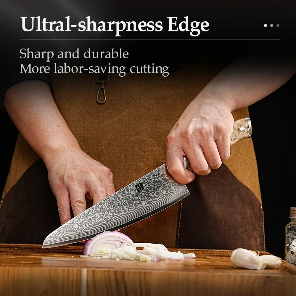 XINZUO 3-Pc Damascus Steel Knife Set – Chef, Santoku & Utility Damascus Knife Set Axl