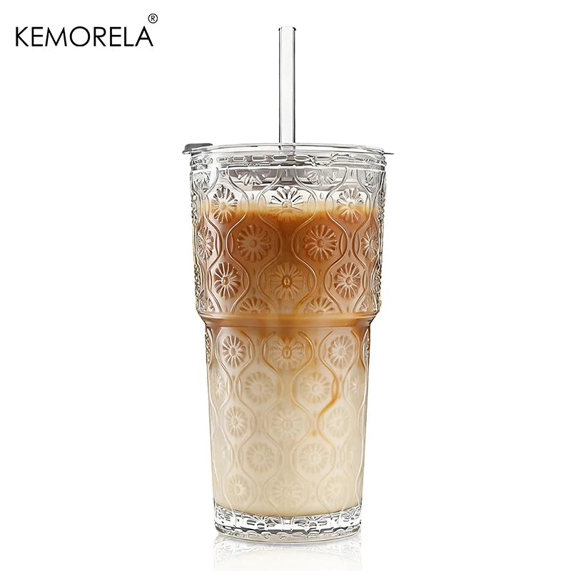 KEMORELA 600ml Begonia Glass Tumbler with Lid & Straw | 1-2 PCS Glass Tumbler Set Axl 1PCS 600ML