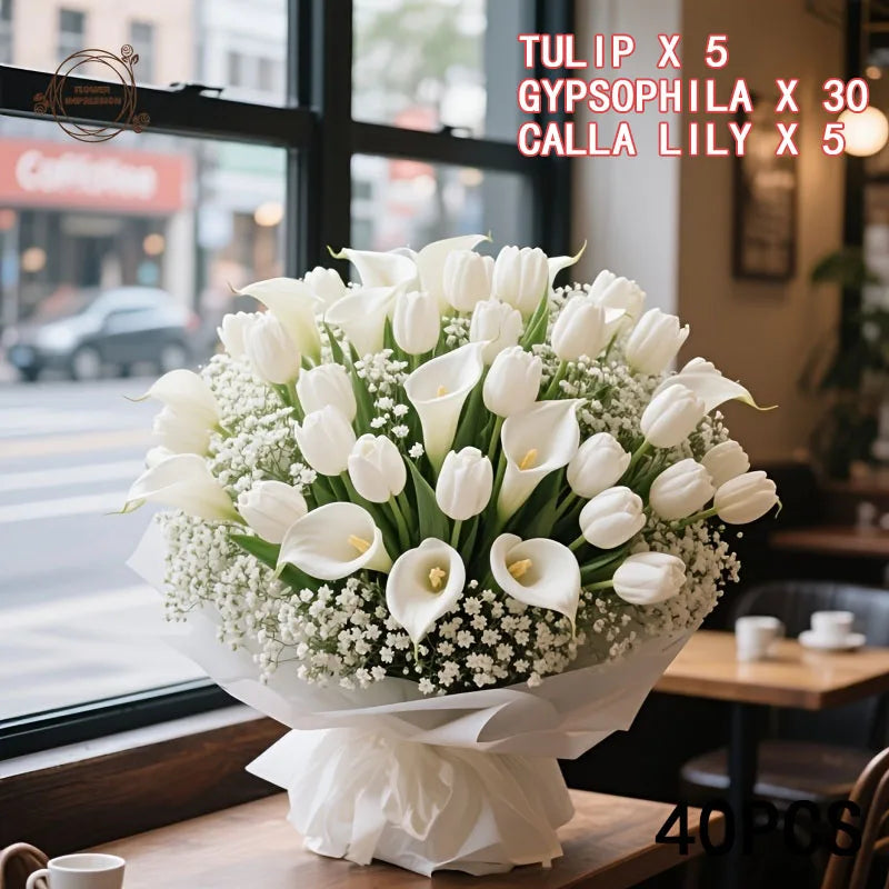 40-Piece Artificial Flower Bouquet – Gypsophila, Tulip & Lily Artificial Flower Bouquet Axl
