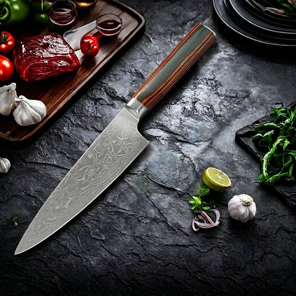 Damascus Steel Chef Knife – Sharp 14.5cm Blade, Wood Handle Damascus Chef Knife Axl