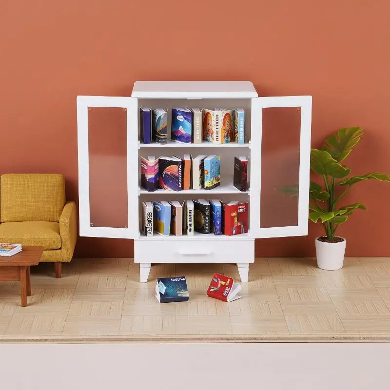 Miniature Dollhouse Cabinet Set with 20 Books | 1:6 & 1:12 Scale Dollhouse Furniture Set Axl