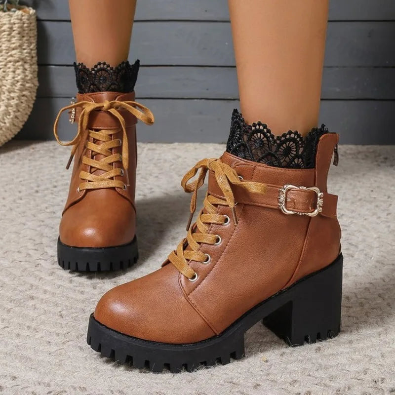 Women's Retro Buckle Lace Ankle Boots | Square Thick Heel Women's Ankle Boots Axl 35 Brown