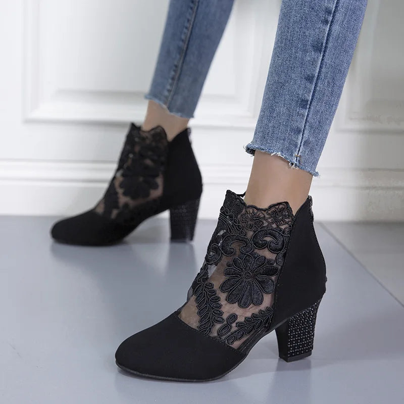 Women's Lace Heeled Gladiator Sandals | Square Heel Booties Heeled Gladiator Sandals Axl BlackA 44