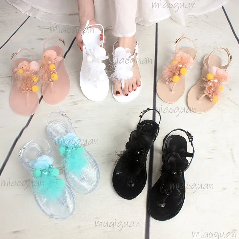 Women's Crystal Jelly Sandals – Bead Flower Clip-Toe Flats Jelly Flat Sandals Axl