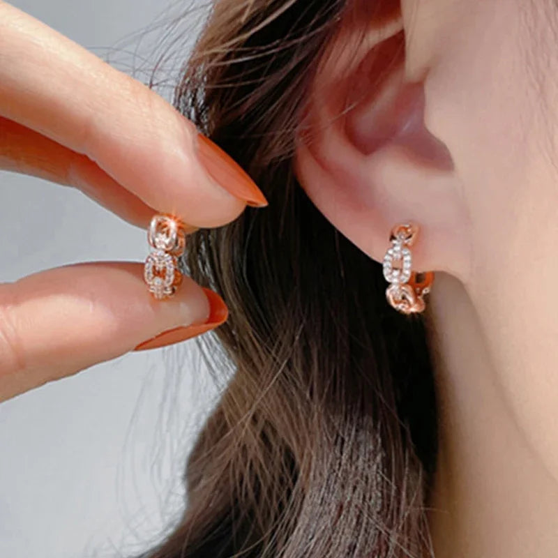 Huitan Chain Link CZ Hoop Earrings – Rose Gold Fashion Jewelry Hoop Earrings Axl