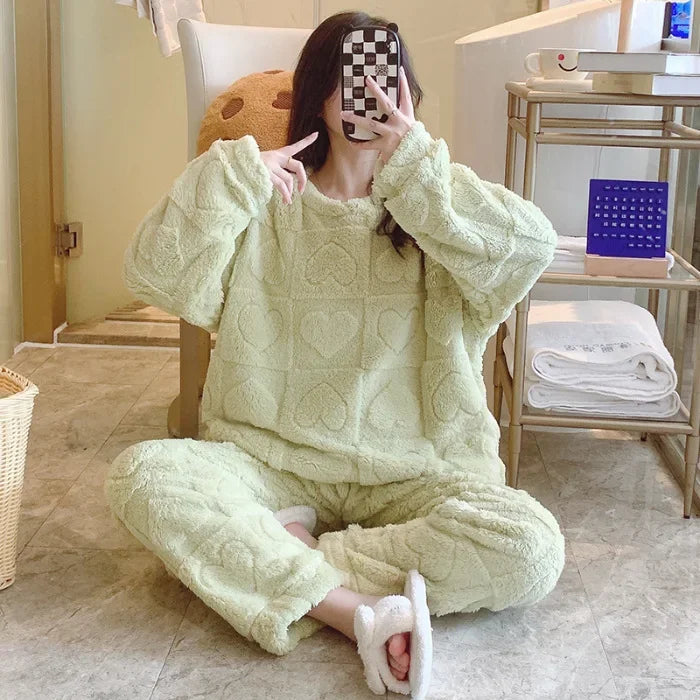 Women's Oversized Coral Fleece Pajamas Set – Plus Size 5XL Fleece Pajamas Set Axl 2646 green L Fits 50-60kg