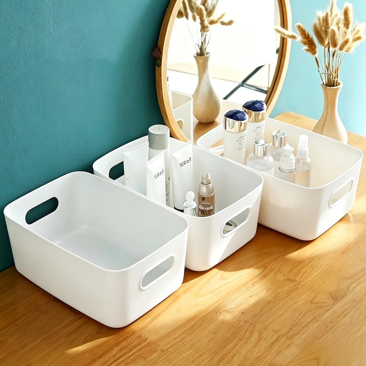 3-Pack Stackable Plastic Storage Baskets – Desktop Organizer Storage Basket Set Axl