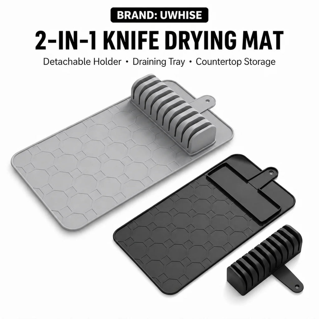 UWHISE 2-in-1 Knife Drying Mat & 10-Slot Knife Holder Knife Storage Organizer Axl Grey