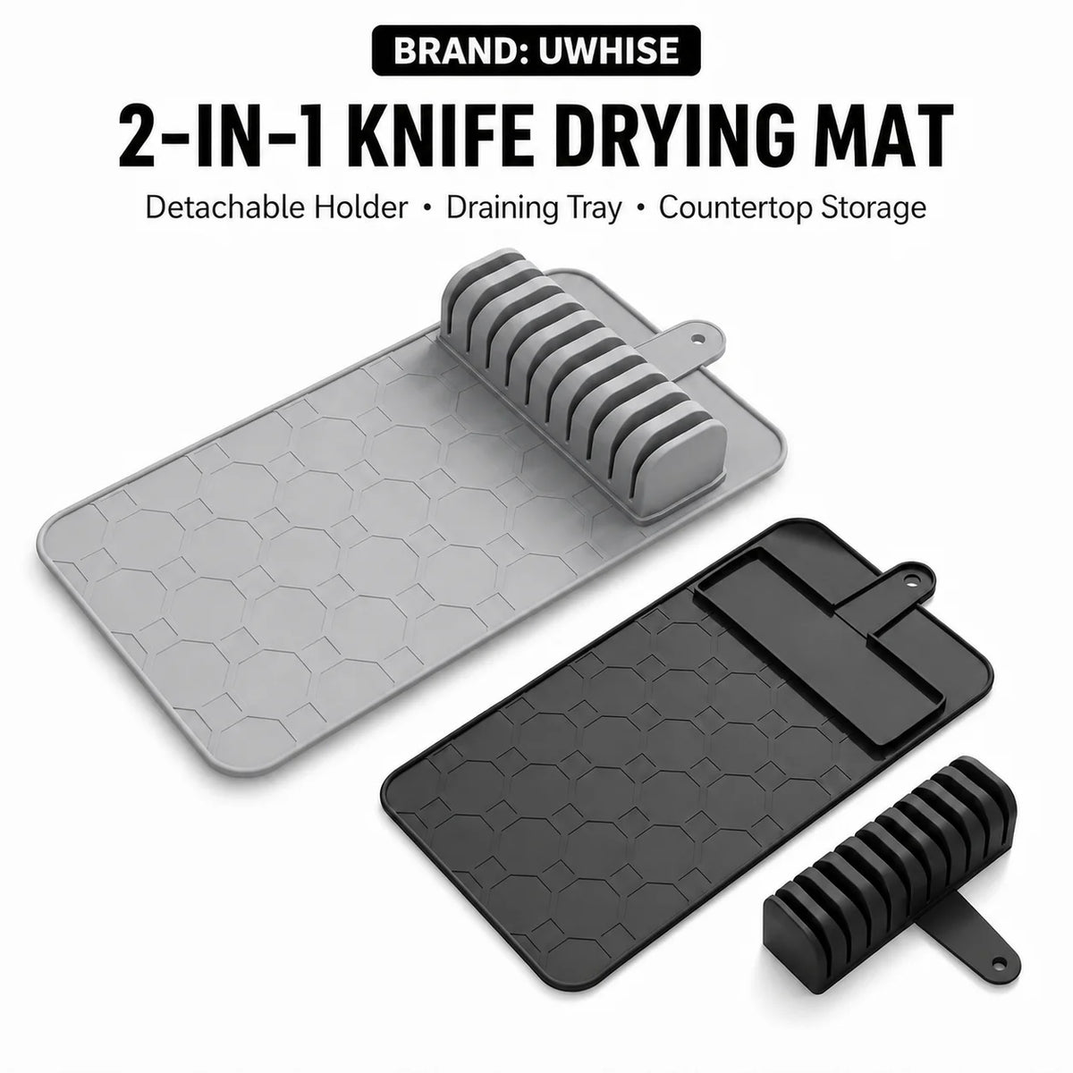UWHISE 2-in-1 Knife Drying Mat & 10-Slot Knife Holder Knife Storage Organizer Axl Grey