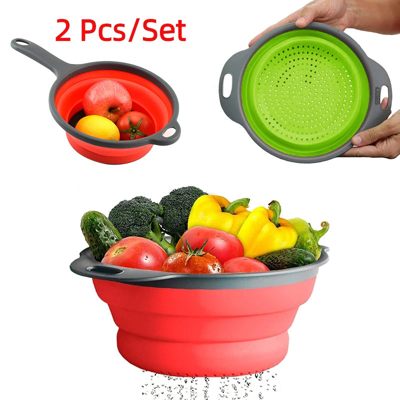 Foldable Silicone Colander Set – 2-Piece Collapsible Strainer Silicone Colander Set Axl