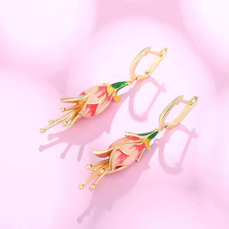 Huitan Pink Tulip Enamel Drop Earrings | Women's Fashion Jewelry Enamel Drop Earrings Axl