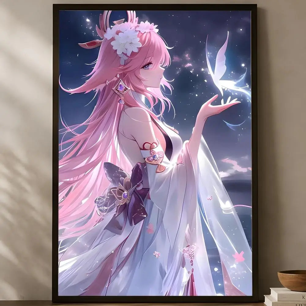 Yae Miko Self-Stick HD Wall Poster – Waterproof Anime Decor Wall Art Poster Axl White01 50X70cmNoframe