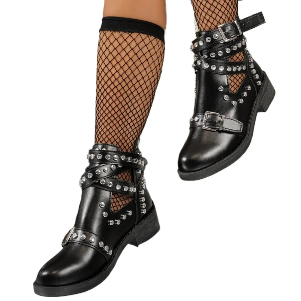 Women's Rivet Ankle Boots – Chunky Heel Punk Buckle Strap Ankle Boots Axl