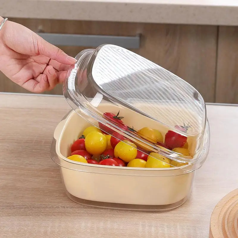 Double Layer Bamboo Fridge Storage Box with Drain Basket & Lid Food Storage Container Axl