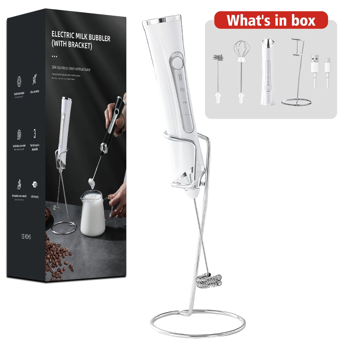 Rechargeable Handheld Milk Frother 3-Speed with Stand Milk Frother Axl White and stand