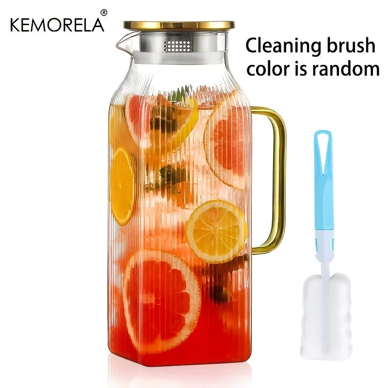 KEMORELA 2L Glass Kettle – Stripe Design, Lid & Cleaning Brush Glass Beverage Kettle Axl Golden Handle