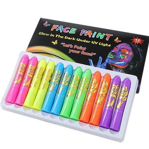 UV Neon Face & Body Paint Sticks – 6-Color Glow Party Kit UV Face Body Paint Axl 12pcs