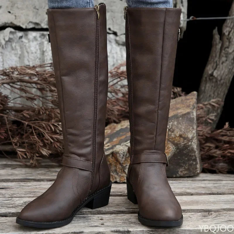 Women's Retro Pleated Buckle Knee-High Boots | Thick Heel Knee-High Boots Axl