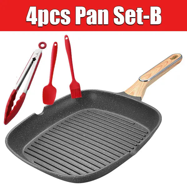 29cm Nonstick 3-Section Square Grill Pan | Induction Griddle Grill Pan Griddle Axl 4pcs Pan Set-B