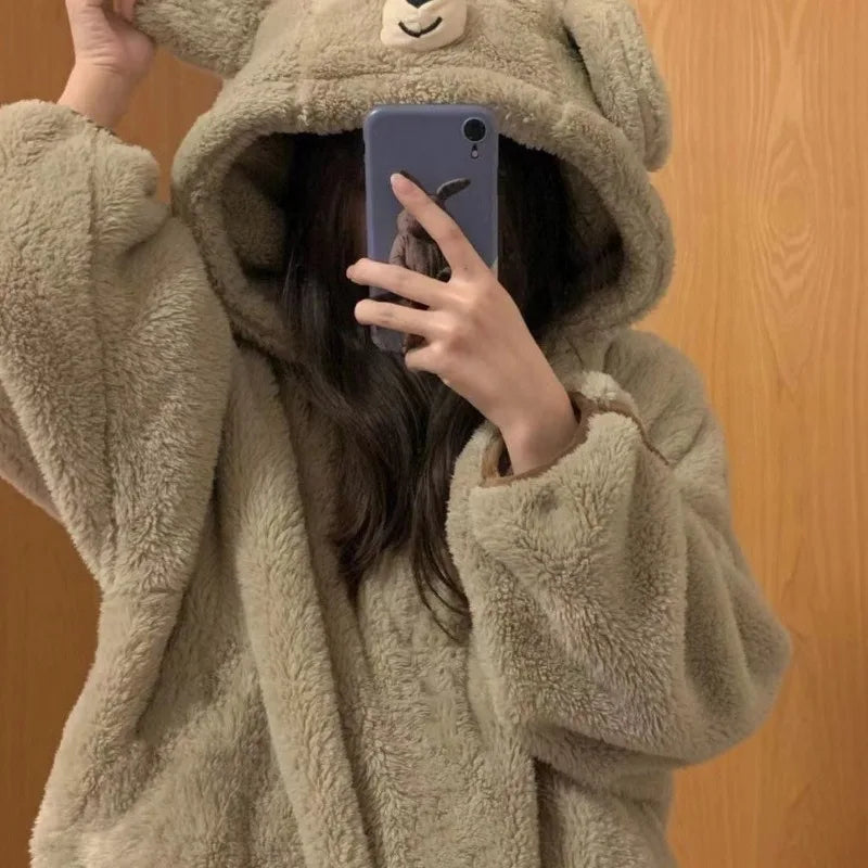 Bear Ear Hooded Pajama Set – Cozy Coral Fleece Women's Sleepwear Hooded Pajama Set Axl