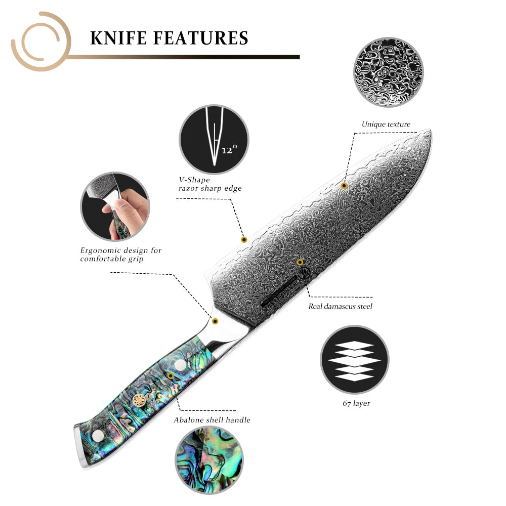 Grandsharp 7" Damascus Santoku Knife – 67-Layer Steel + Sheath Damascus Kitchen Knife Axl