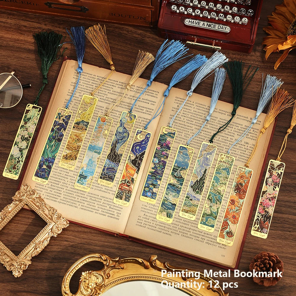 12-Pc Vintage Metal Bookmarks with Tassel | Book Lover Gift Set Decorative Bookmarks Axl Painting Flower