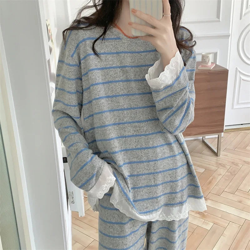 Women's Striped Lace Pajama Set – Loose Gray Sleepwear Women's Pajama Set Axl