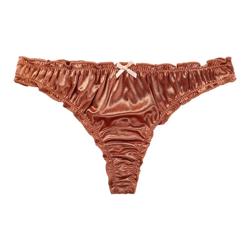 Satin Ruffle Women's G-String Low Rise Nylon Briefs | Sizes S–XL Women's Lingerie Briefs Axl Brown 1XL 1pc