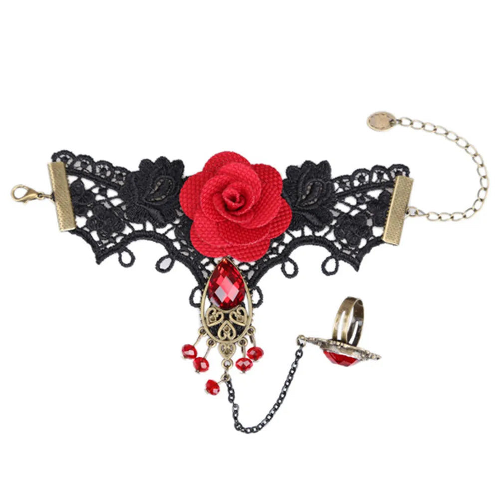 Gothic Lace Red Rose Bracelet with Adjustable Finger Ring Charm Bracelet Axl One Size