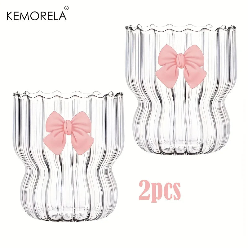 KEMORELA Bow Vintage Ripple Glass Cups 350ml – Set of 2/4/6 Glass Drinkware Set Axl 2pcs 350ml
