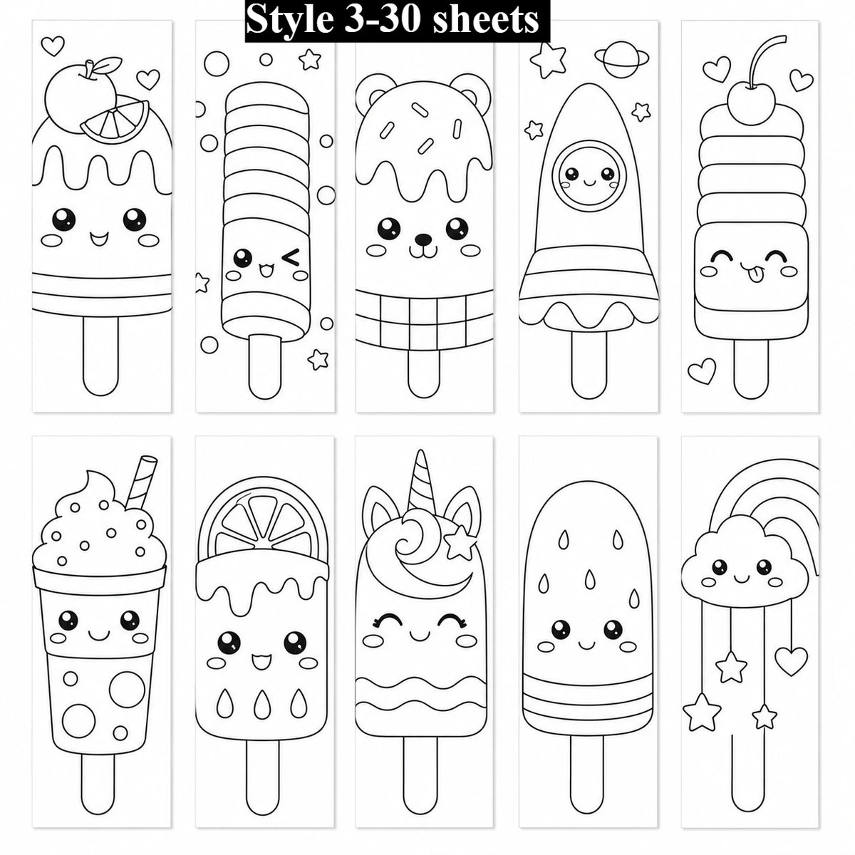 Kawaii Summer Beverage Coloring Bookmarks – DIY Cartoon Doodle Coloring Bookmarks Axl Style 3-30 sheets