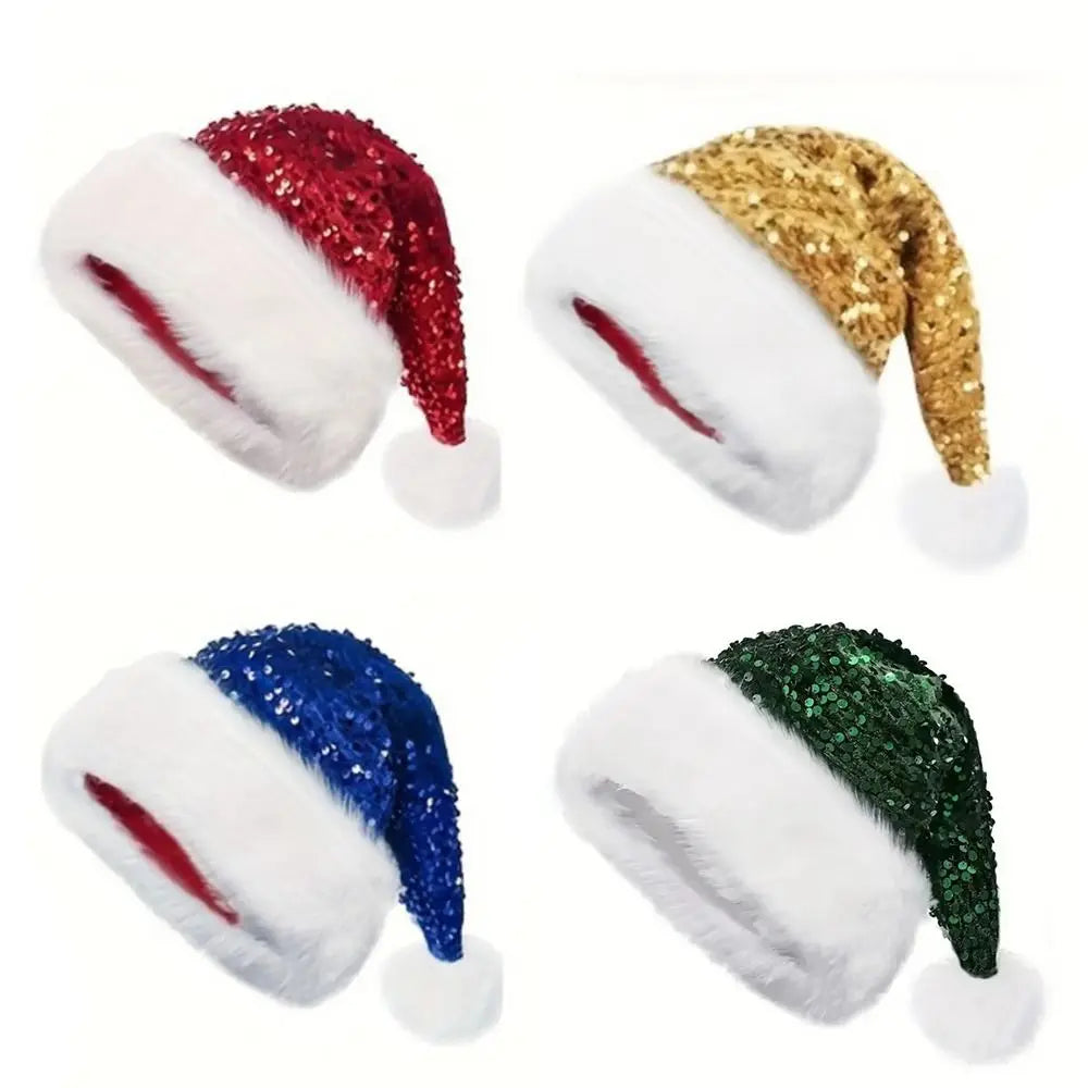 Red Glitter Sequin Santa Hat – Soft Velvet Unisex Xmas Cap Sequin Santa Hat Axl