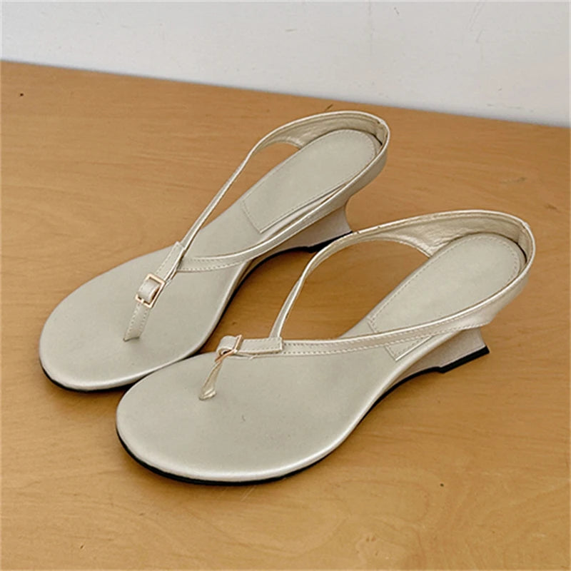 Women's Wedge Sandals – Buckle Clip Toe High Heel Flip Flops Wedge Sandals Axl Champagne 40