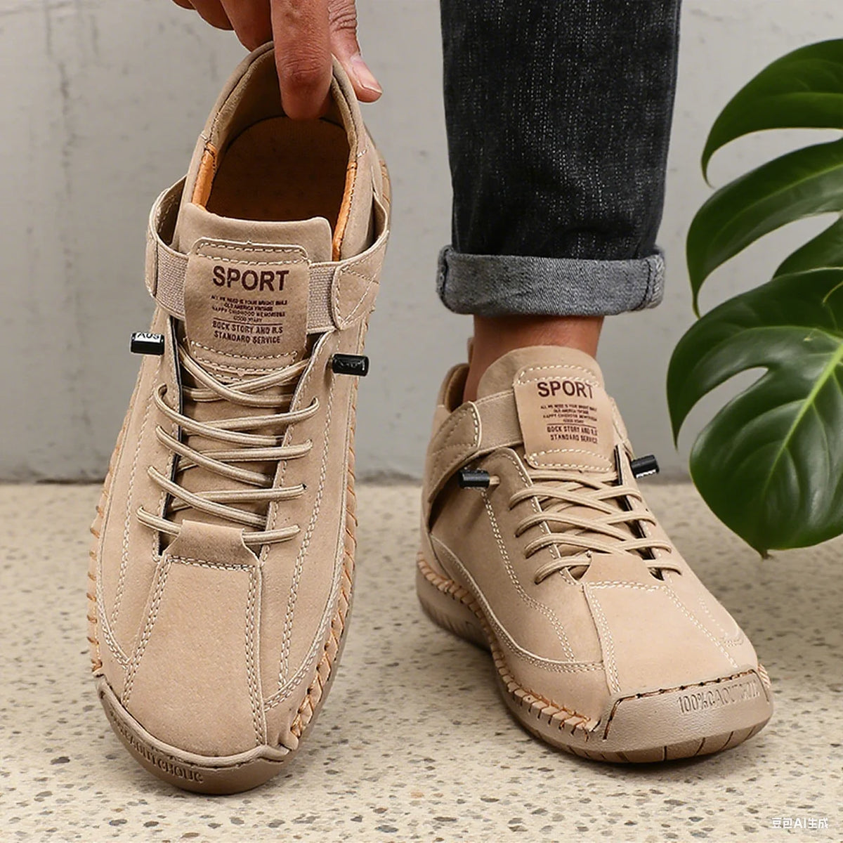 ZULIWAGN Retro Men's Leather Strap Sneakers | Casual Walking Shoes Men's Casual Sneakers Axl Khaki 37