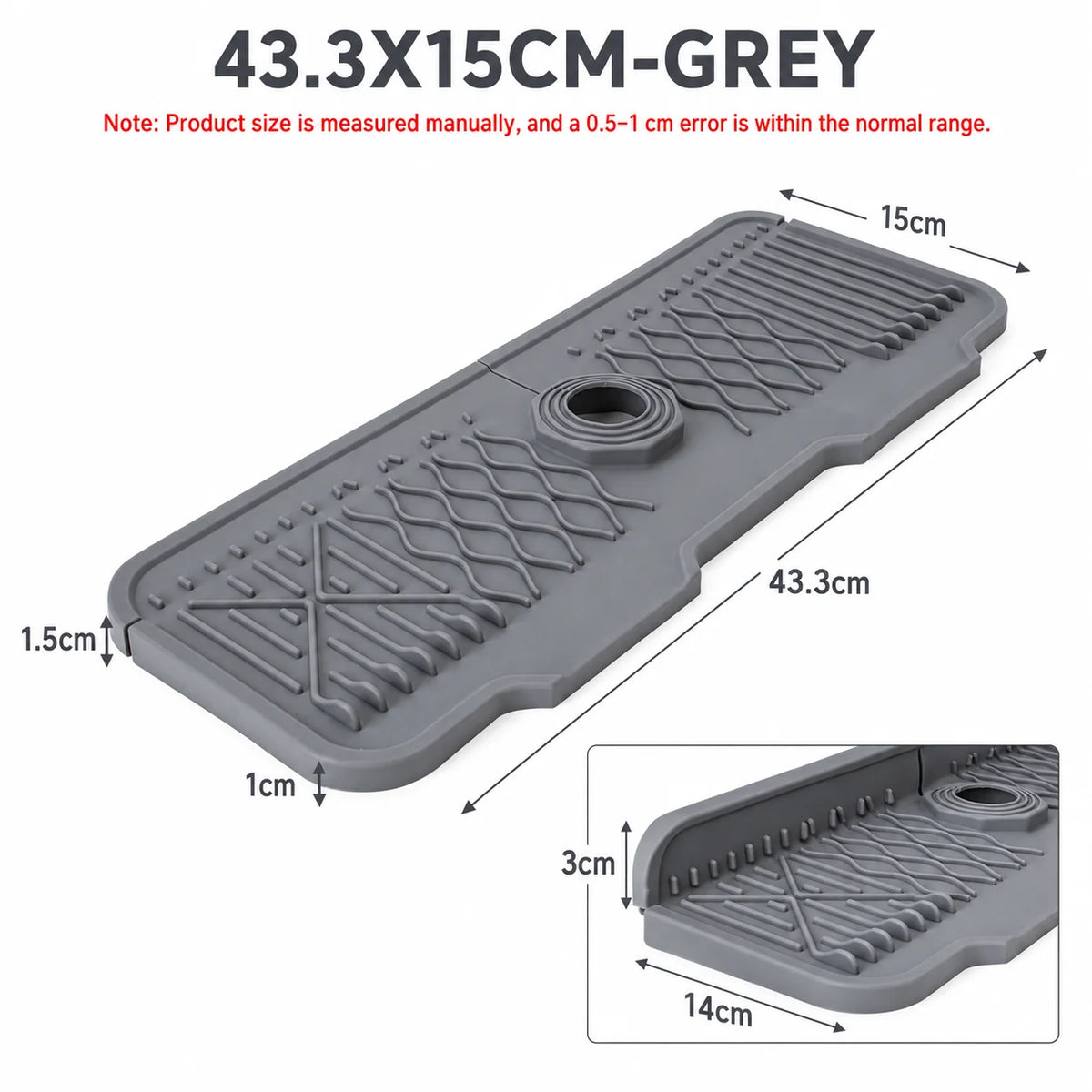 Uwhise Silicone Faucet Mat – Sloped Sink Splash Guard & Drip Tray Silicone Sink Mat Axl 43.3x15CM-Grey Strip