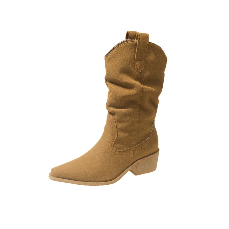 Women's Chunky Heel Western Ankle Boots – Faux Suede Pointed Toe Western Ankle Boots Axl