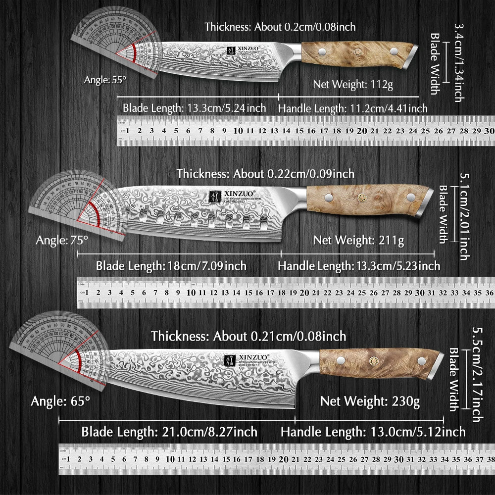 XINZUO 3-Pc Damascus Steel Knife Set – Chef, Santoku & Utility Damascus Knife Set Axl