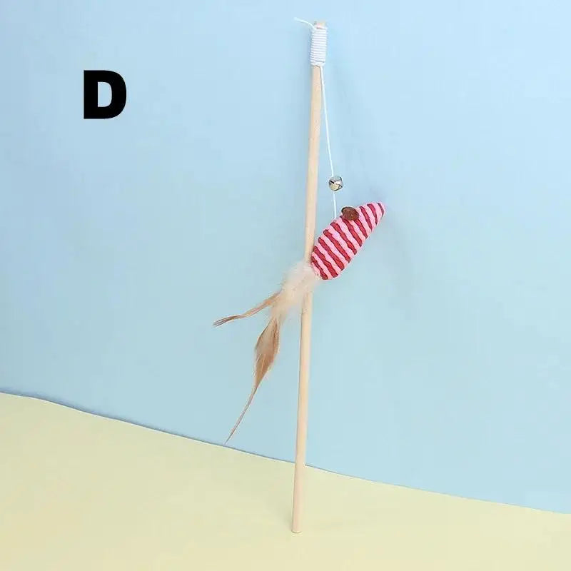 Mouse Shape Wooden Cat Teaser Wand with Feather & Bell Cat Teaser Wand Axl D