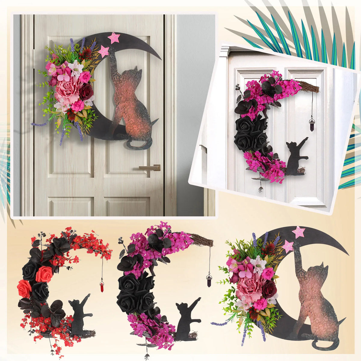 Halloween Black Cat Moon Wreath – Gothic Rose Front Door Decor Halloween Door Wreath Axl