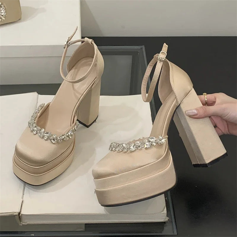 Women's Crystal Diamond Platform Chunky High Heel Pumps Platform Heeled Pumps Axl
