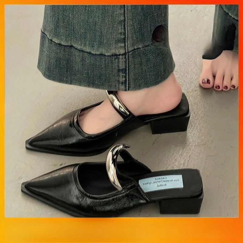 Women's Closed Toe Mule Slippers | Metal Detail Square Heel Slides Women's Mule Slippers Axl 35 black