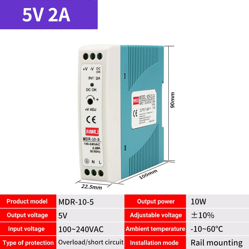 MDR DIN Rail Power Supply 5V 12V 24V | 10W–100W DC Switch DIN Rail Power Supply Axl MDR-10-5