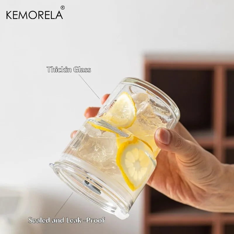 KEMORELA 380ml Glass Tumblers with Lid & Straw | Hot & Cold Glass Tumbler Set Axl