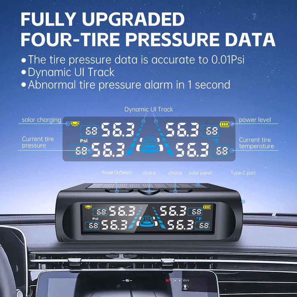 Solar TPMS – 4 External Sensor Tire Pressure & Temp Monitor Tire Pressure Monitor Axl