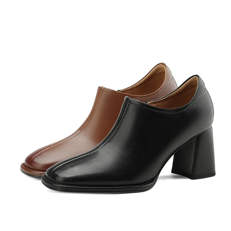 Retro Square Toe Women's Pumps – 7cm Block Heel | Black Brown Women's Block Heel Pumps Axl