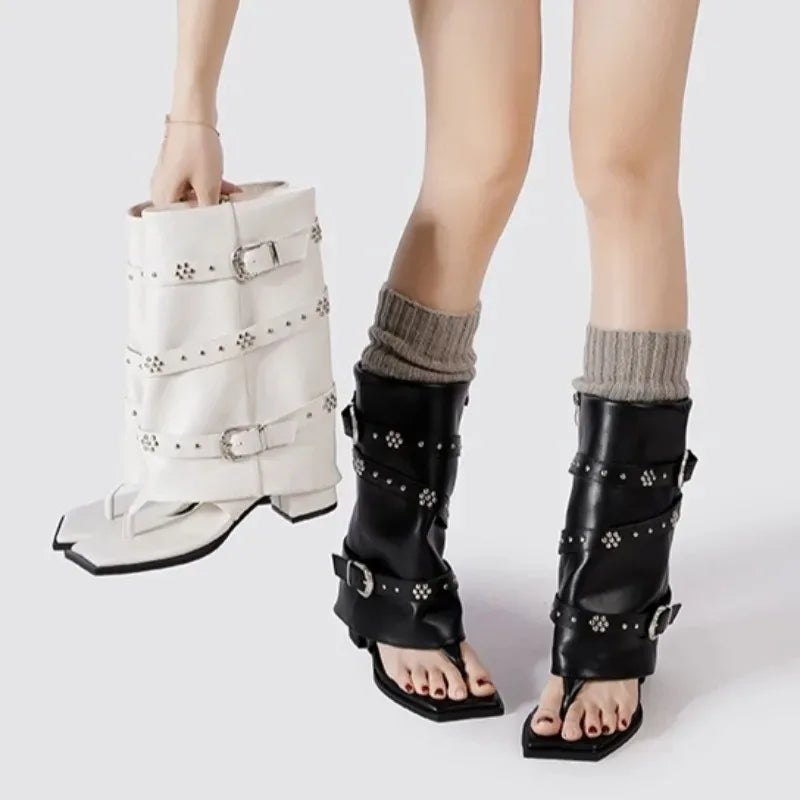 Women's Punk Mid-Calf Boots – Metal Decor Square Heel Leather Mid-Calf Boots Axl