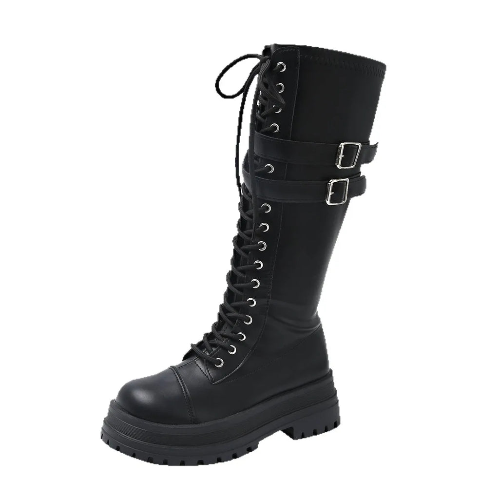 Women's Platform Knee-High Boots – Gothic Lace-Up Punk Style Platform Knee Boots Axl