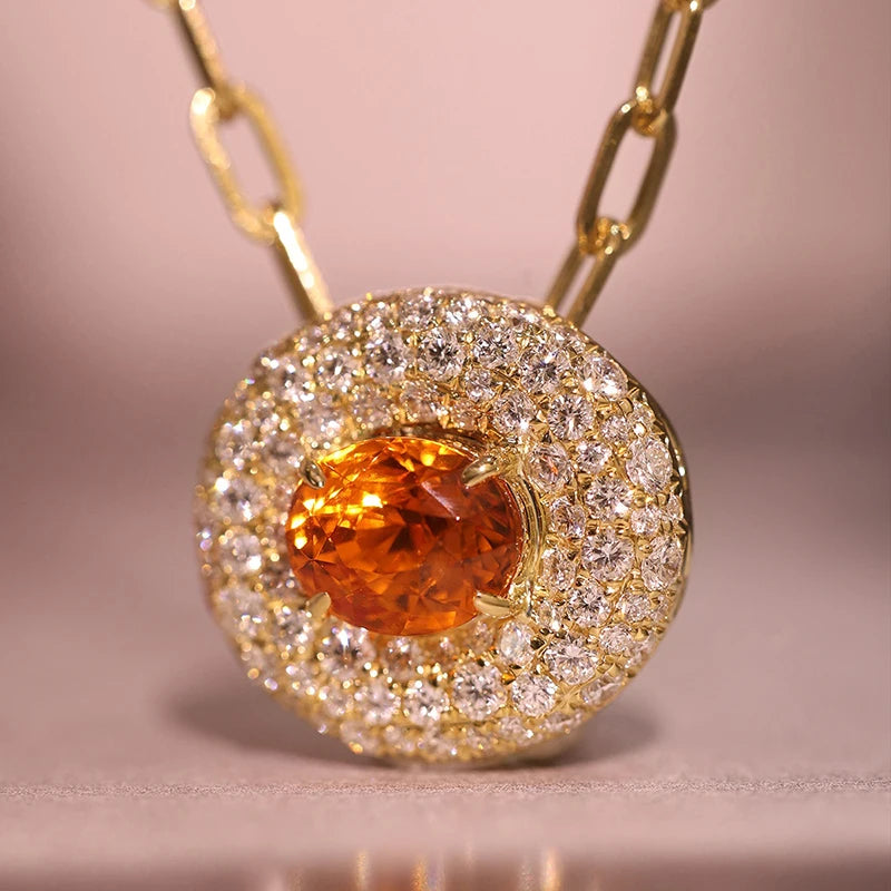 Huitan Orange Red CZ Oval Pendant Necklace | Paperclip Chain CZ Pendant Necklace Axl
