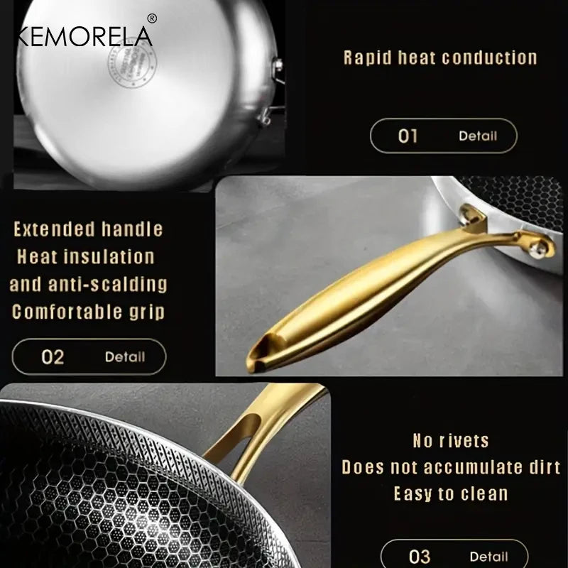KEMORELA 316 Stainless Steel Non-Stick Honeycomb Skillet Wok Non-Stick Skillet Axl